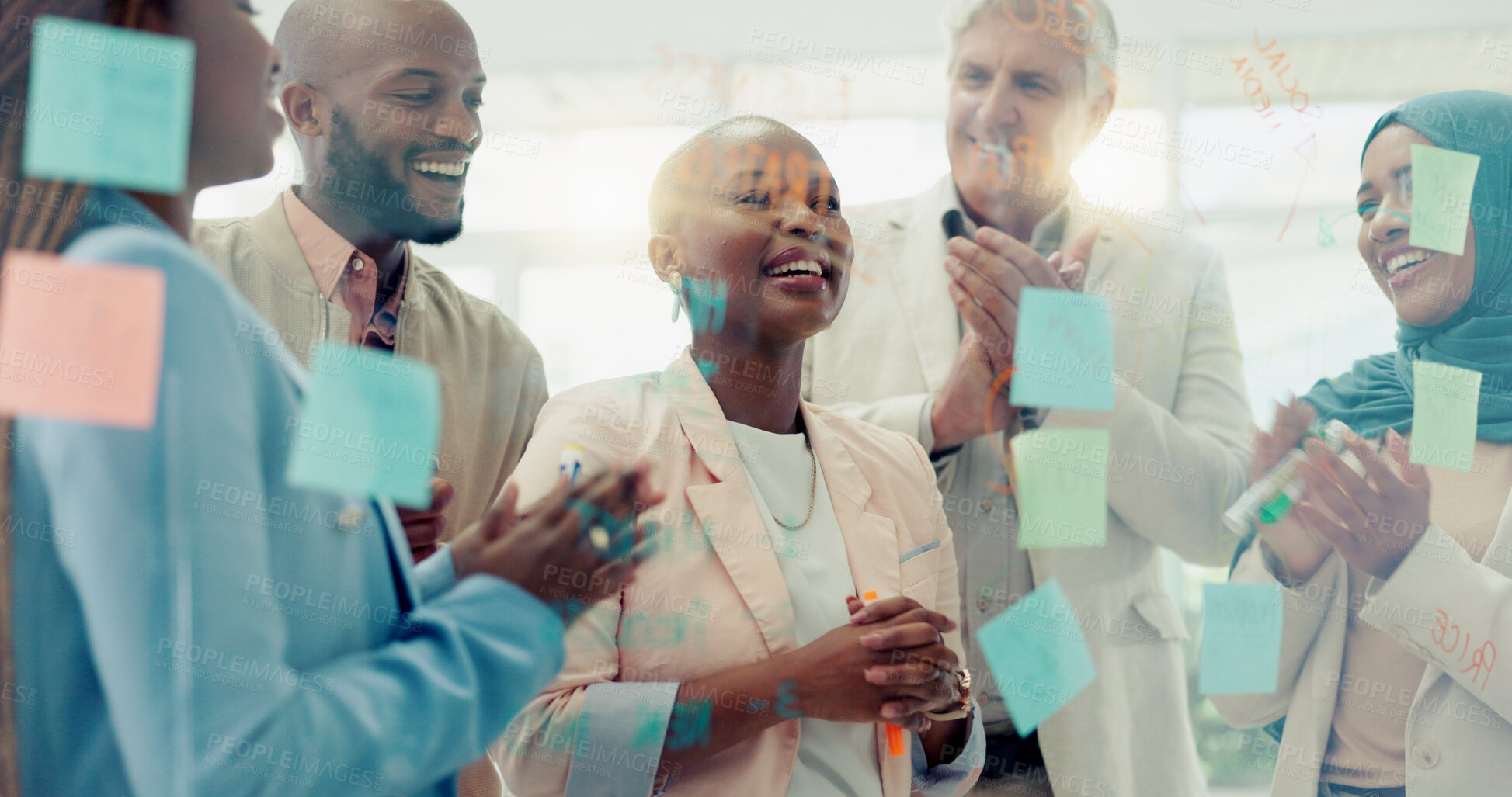 Buy stock photo Meeting, success and sticky notes on glass in the office with a business team clapping for an achievement. Teamwork, applause and motivation with a black woman leader teaching her staff at work