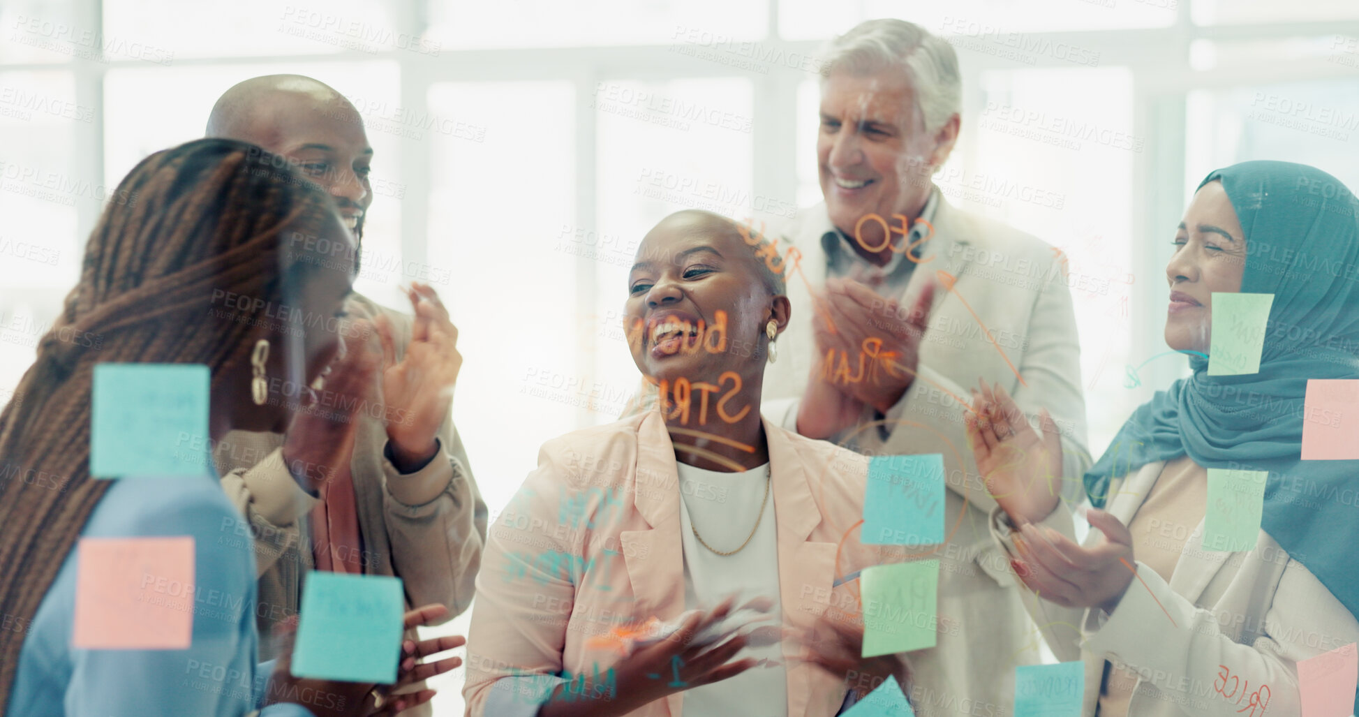 Buy stock photo Meeting, team applause and sticky notes on glass in the office with business people talking about strategy. Collaboration, planning or support with a black woman leader and her staff clapping at work