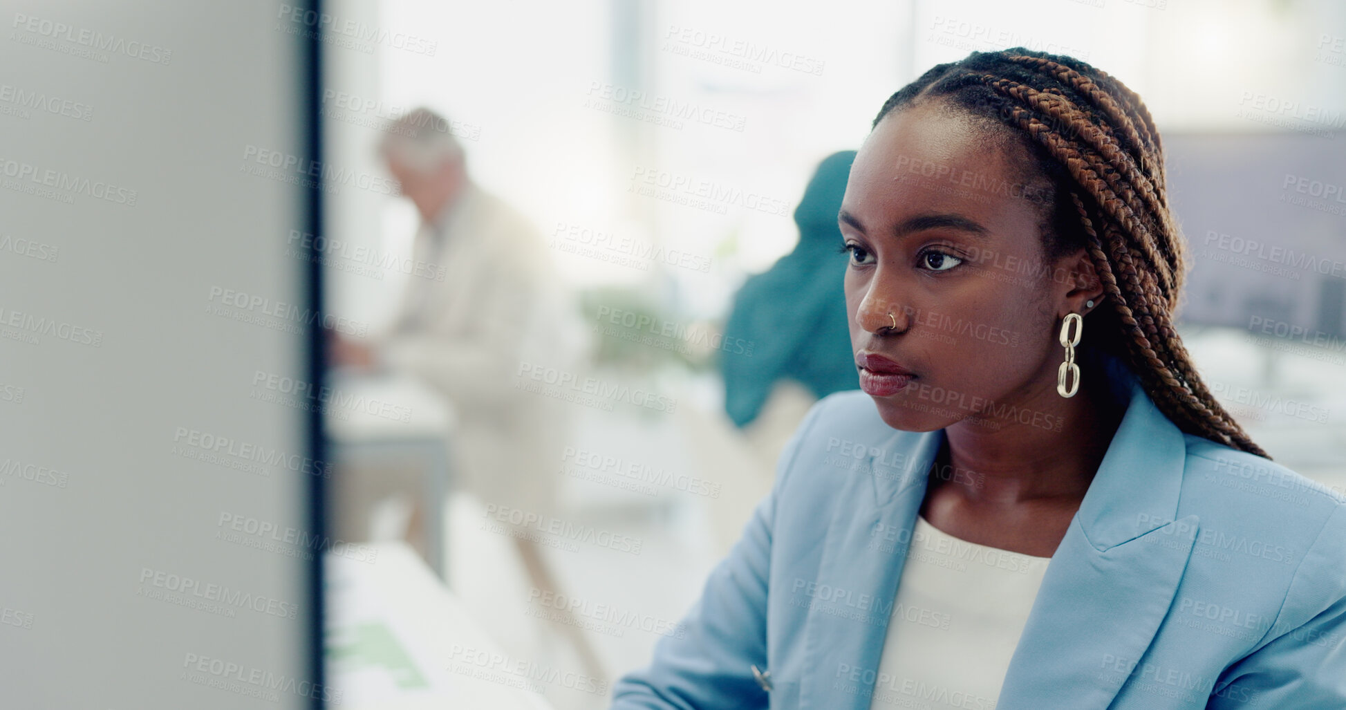 Buy stock photo African, business woman and reading report on computer in office and typing research, review or marketing strategy. Online, planning and employee with email, communication or project in Nigeria