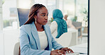 Documents, computer and business black woman in office for financial review, kpi analysis and company audit, tax or sales report. Accounting paperwork, focus corporate worker and finance job strategy