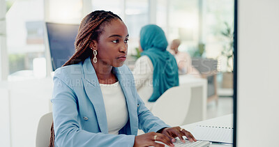 Documents, computer and business black woman in office for financial review, kpi analysis and company audit, tax or sales report. Accounting paperwork, focus corporate worker and finance job strategy