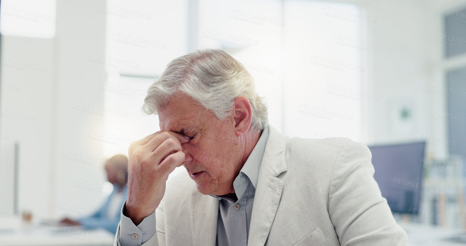 Buy stock photo Business man, stress and headache with anxiety and burnout from working in a office tired. Senior executive, professional and tax problem with staff risk and corporate employee with debt at a desk