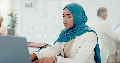 Muslim, business woman and typing on computer in office, startup company and digital management, internet planning and strategy review. Employee with islamic hijab working online for seo website tech
