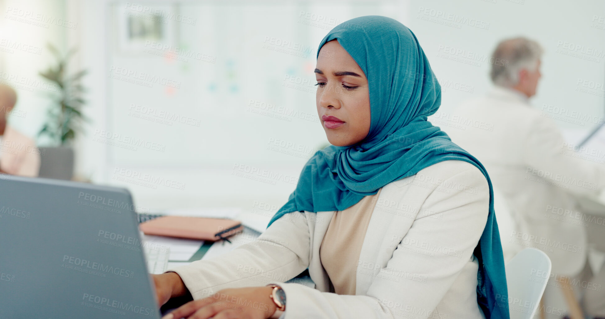 Buy stock photo Islamic woman, business and thinking with laptop, typing and connection with internet, email or online reading. Muslim person, employee or agent with a pc, planning or review with deadline in office