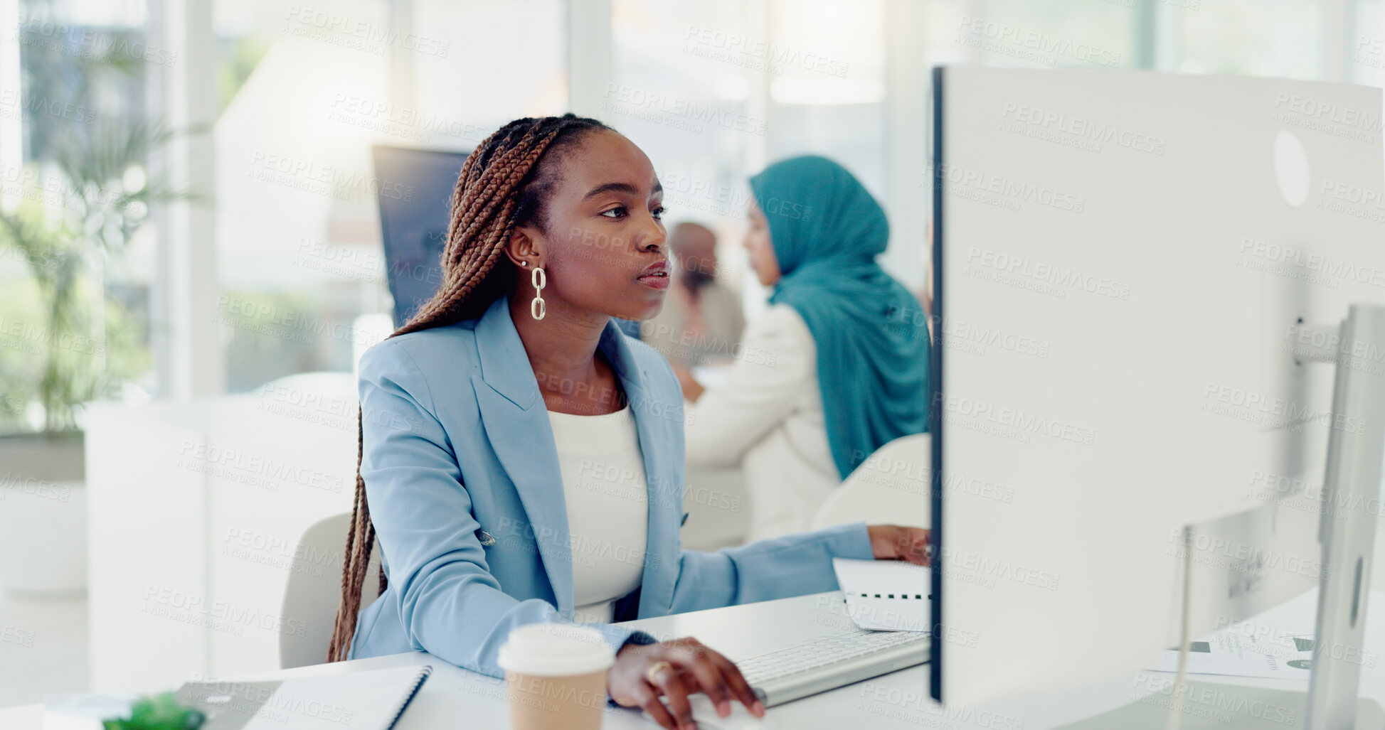 Buy stock photo African, business woman and reading on computer review in office and typing research, report or marketing strategy. Online, planning and employee with email, communication or project in Nigeria