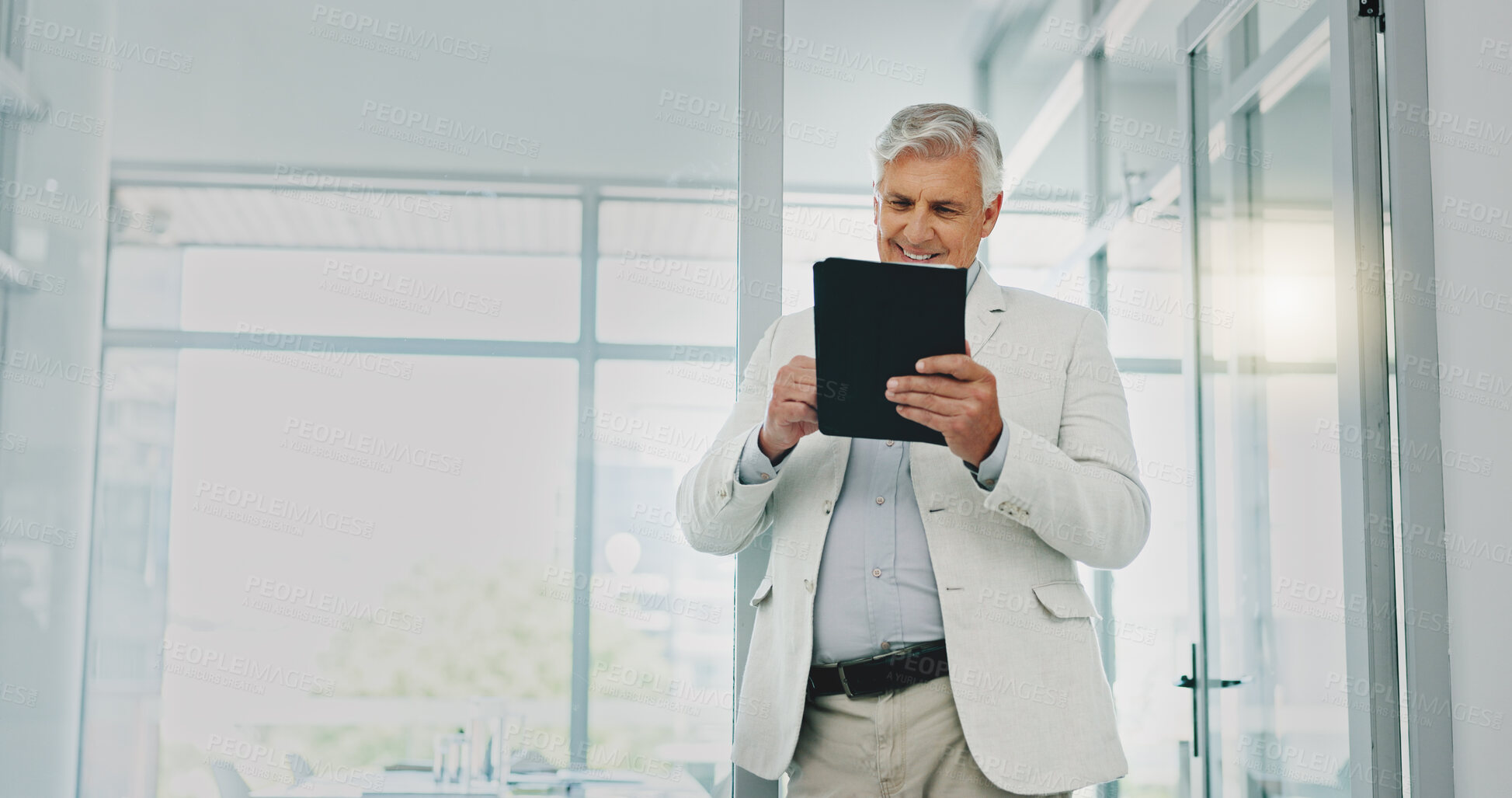 Buy stock photo Tablet, smile and a senior business man in the office for planning as a corporate manager on space. Technology, information and a happy elderly professional employee in the workplace for research