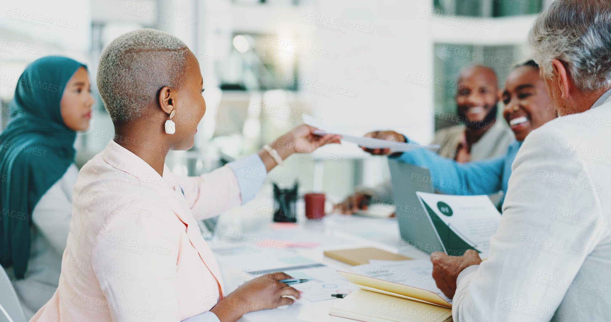 Buy stock photo Business meeting, diversity team and paper with smile, planning and brainstorming in collaboration at corporate office. Accounting, men and women at table for finance, budget report and growth at job