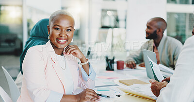 Leadership, portrait or black woman face for team building meeting for documents, planning schedule or review success. Happy, employee or manager with team for marketing company data analysis growth