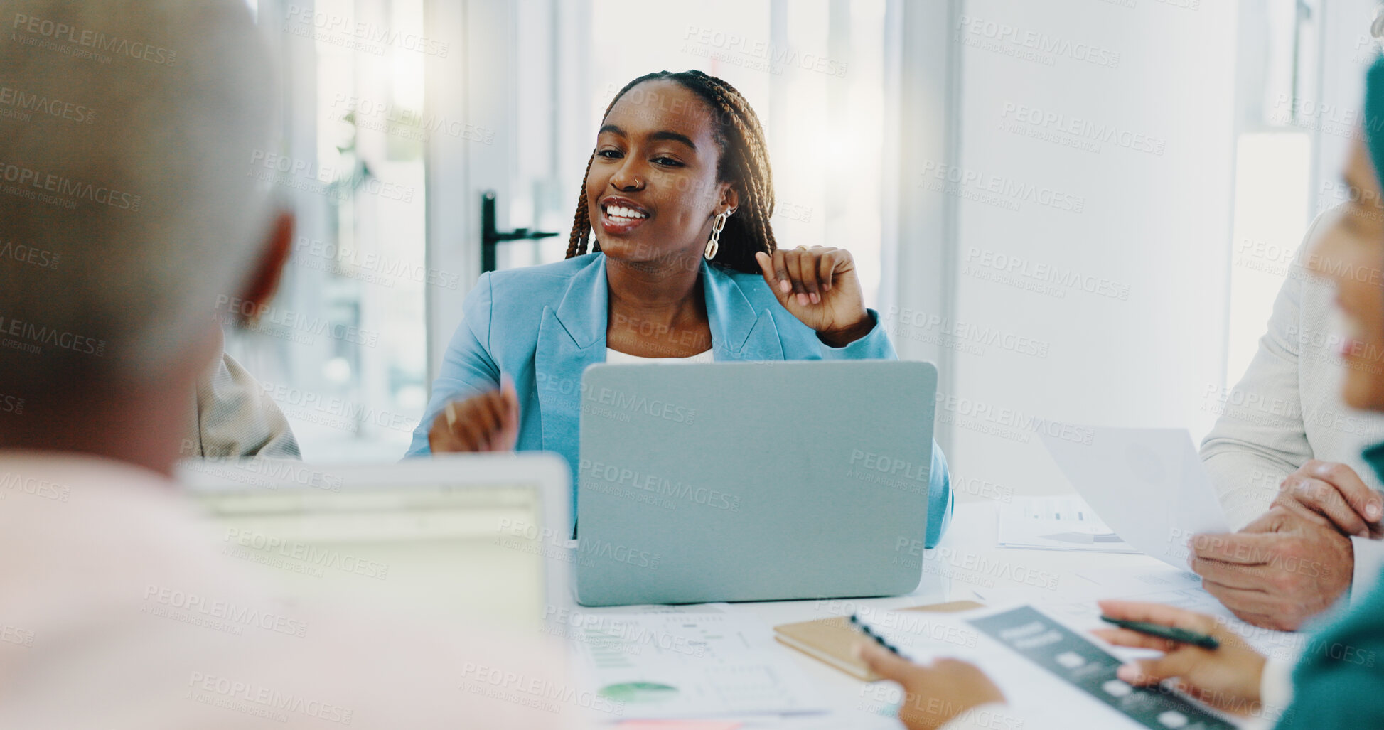 Buy stock photo Business meeting, black woman and team with laptop for planning and brainstorming in collaboration at corporate office. Accounting, men and women at work table for finance, budget report and growth