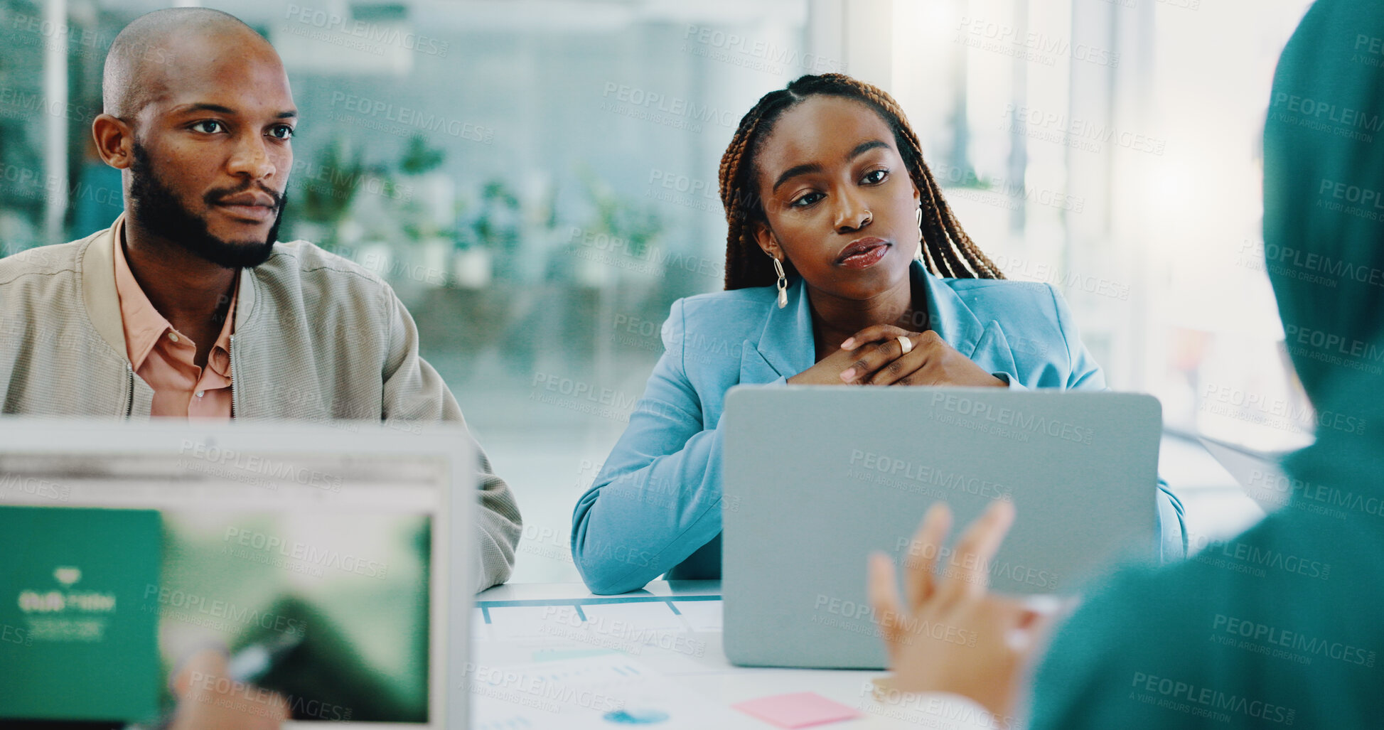 Buy stock photo Business meeting, diversity team and office for learning and brainstorming session with manager. Onboarding, presentation and training in investment accounting, finance and it policy at workshop
