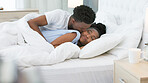 Kiss, bed and couple sleeping together in bedroom or waking up on weekend morning for luxury furniture, hotel or hospitality. Black people, woman or husband love, care and marriage for valentines day