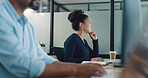 Computer, office and business woman reading a blog with research for a project in the office. Corporate, pc and professional female employee working on a company report on a desktop in the workplace.