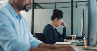 Buy stock photo Stress, headache and business woman with burnout in office with anxiety, pain or depression in workplace. Tired, employee and mental health crisis from mistake, fail or migraine with computer