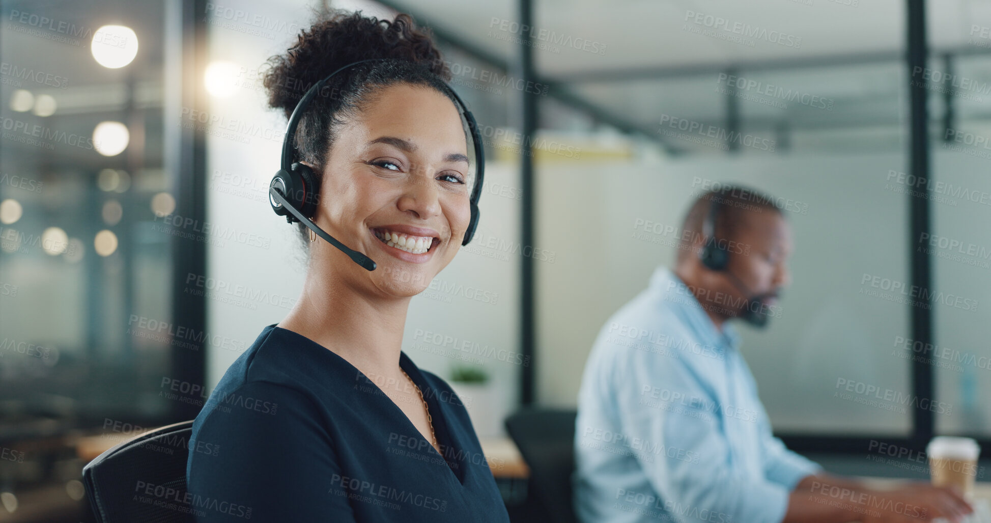 Buy stock photo Happy woman, consultant and smile in customer care with headset technical support, consultation or sales in portrait. Female person or agent with assistance by online crm, internet or telecom