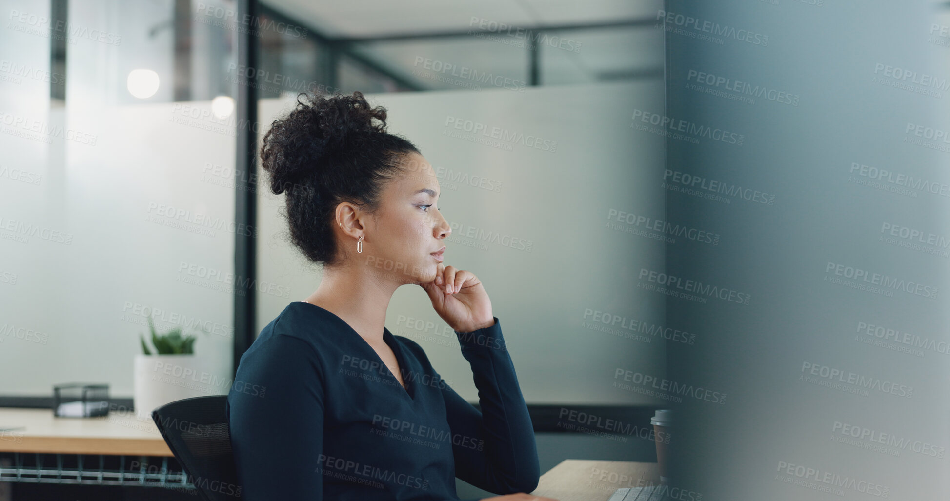 Buy stock photo Business woman, thinking and ideas on computer in copywriting, social media research or planning at marketing agency. Professional editor or writer reading with vision for artifcle or problem solving