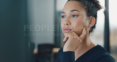 Buy stock photo Business, face and woman in office thinking with ideas, inspiration and reflection for future project. Research, insight and businesswoman with strategy, solution and brainstorming at digital agency.