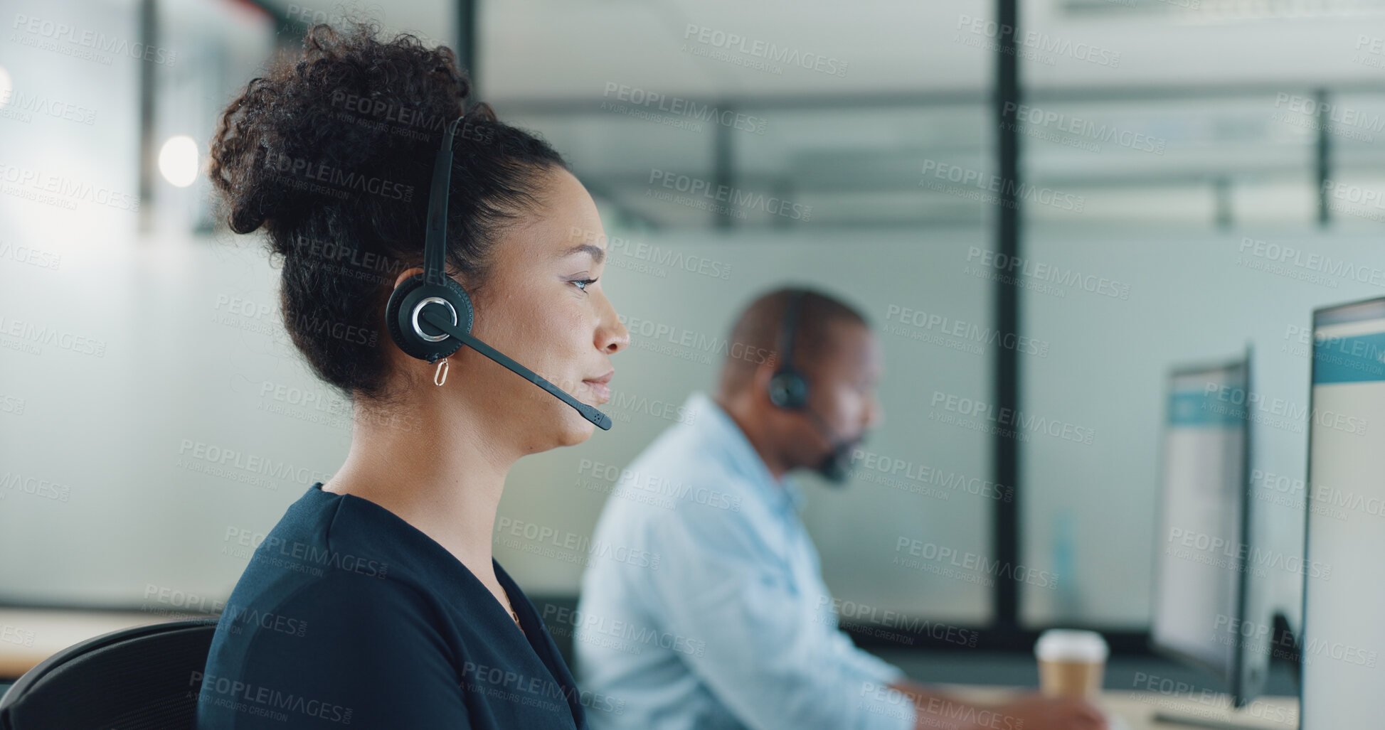 Buy stock photo Woman, employee or agent with headset by working at office by telecom, customer care or inbound marketing. Girl, person or worker with computer, online or technology for call, clients and account