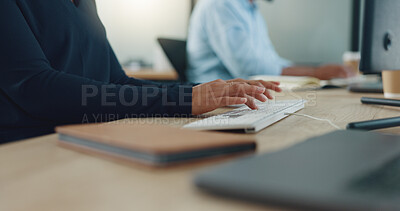 Computer, hands and businessman typing on a keyboard while working on a corporate project in office. Technology, research and professional male employee planning company strategy, proposal or report.