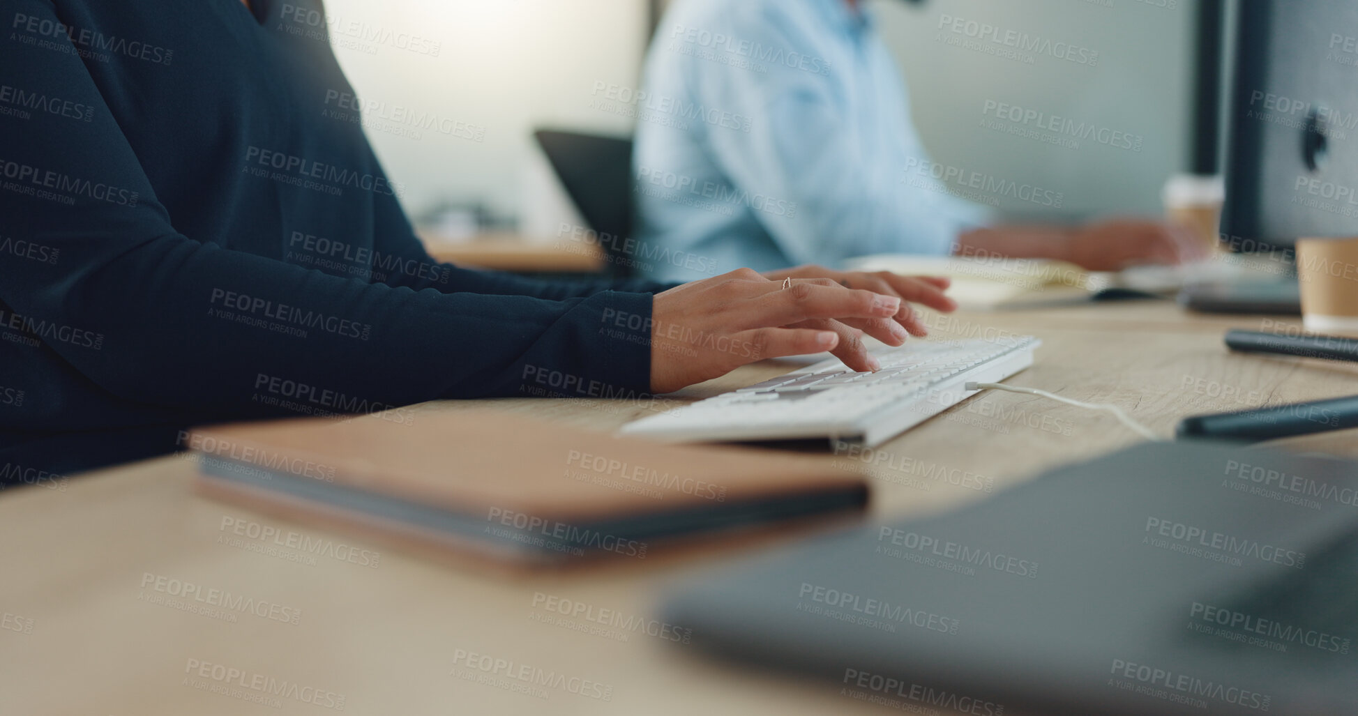 Buy stock photo Businesswoman, corporate and typing on keyboard, closeup and working on computer in office, Motivated business person, research and planning for report, proposal and strategy or document on desktop