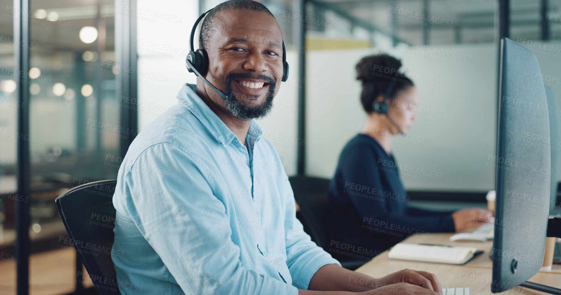 Buy stock photo Business man, portrait and call center, communication or consultant support in e commerce or customer service. Happy face of agent, web advisor or african person for solution on computer in workspace