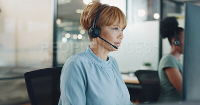 Call center, customer service and woman in office thinking while consulting. Telemarketing, customer support and female consultant, sales agent or employee reading on computer and working on ideas.