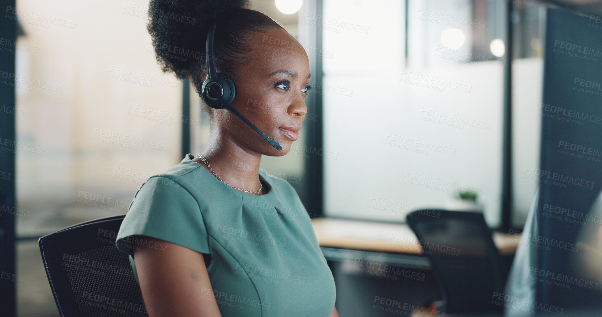 Buy stock photo Business woman, computer and call center for night communication, customer support and online chat. Advisor, consultant or African person with advice, FAQ update and website management in office