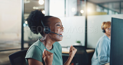 Buy stock photo Business woman, winner and call center success, celebration and yes for goals, target or sales on computer. African consultant with surprise, wow and excited for bonus, news or promotion at night