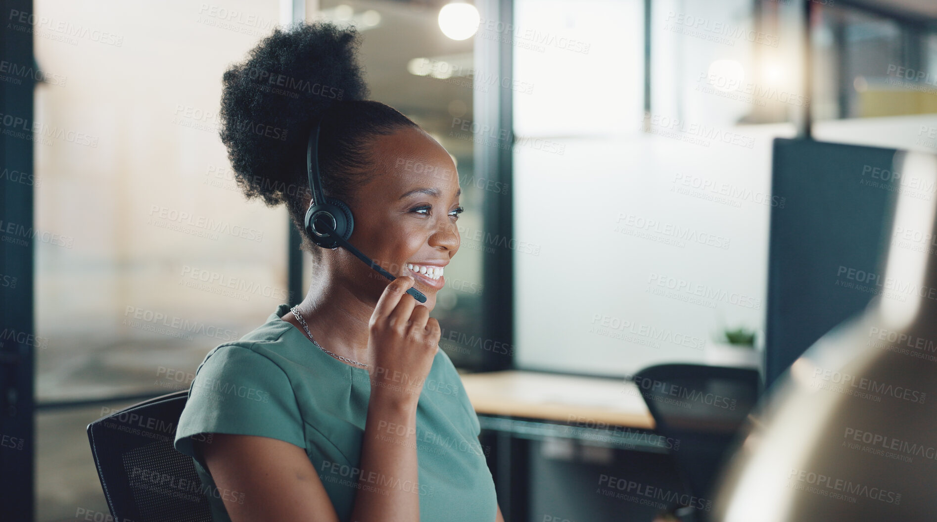 Buy stock photo Business woman, call center and speaking, night communication or customer support with website solution. Happy african person, agent or consultant helping, talking and advice for sales and e commerce