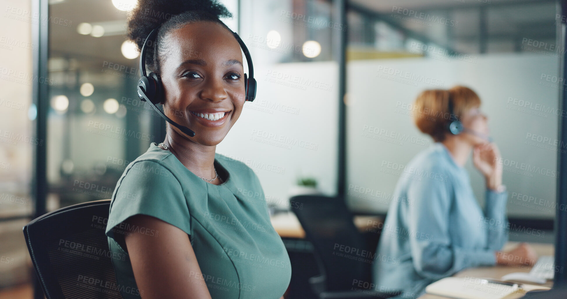 Buy stock photo Business woman, portrait and call center, communication or consultant for technical support on website or software. Happy face of IT agent, web advisor or african person, night solution and workspace