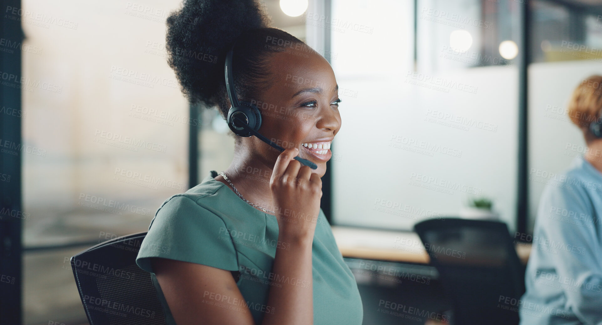 Buy stock photo Consultant, call center and business woman talking for e commerce communication, customer services and online chat. Excited african agent or consultant in headphones helping, speaking or night advice