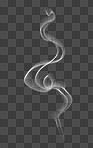 Steam, curvy and smoke fumes in the air isolated on a transparent png background in a studio. Abstract, pattern and fog, pollution or incense vapor in a swirl, mist or pattern from tobacco or gas