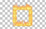 Shape, flames and fire effect in a square isolated on a transparent png background. Abstract, texture and explosion of a wildfire glow in a design, frame or graphic detail of an earth element