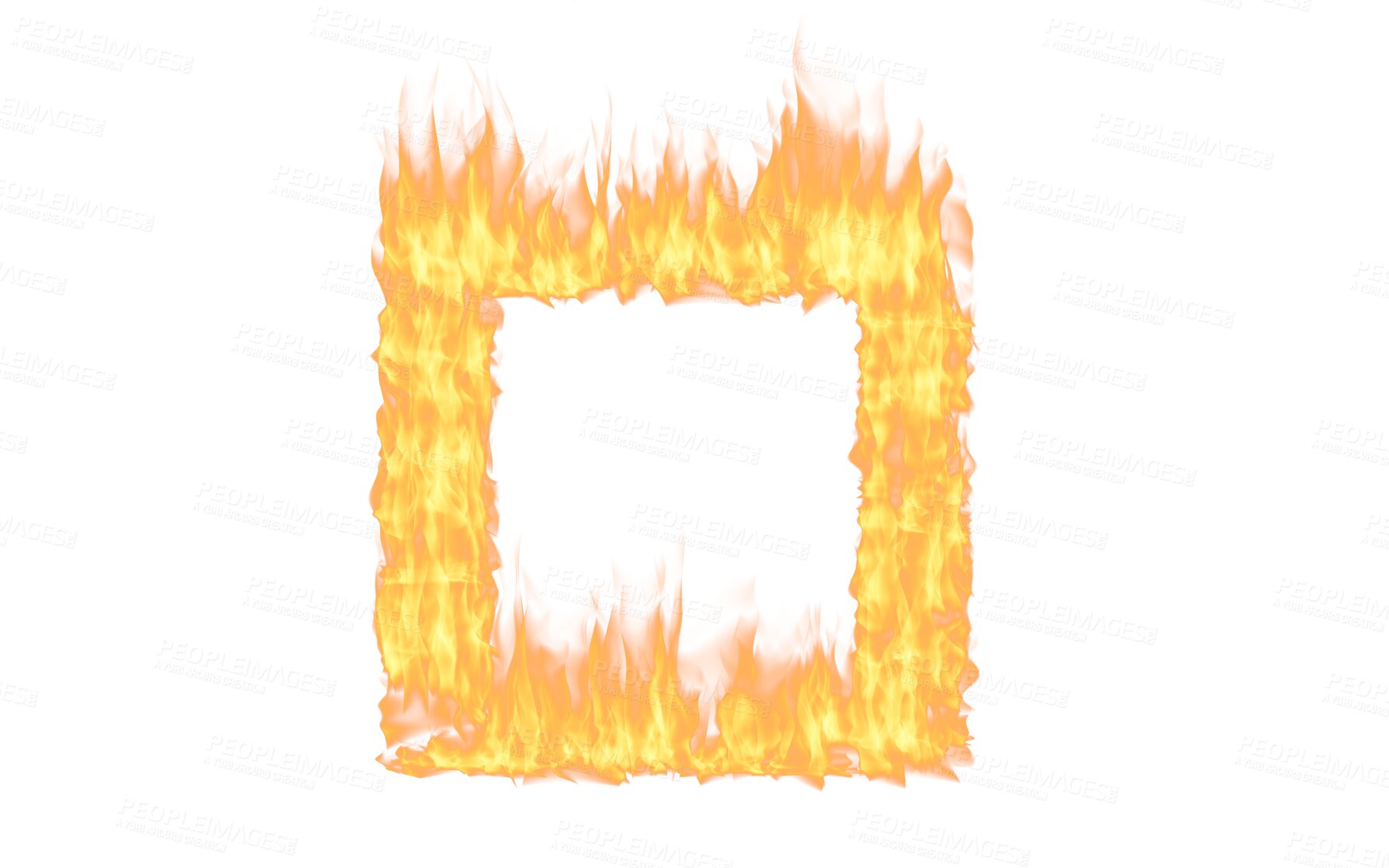 Buy stock photo Shape, flames and fire effect in a square isolated on a transparent png background. Abstract, texture and explosion of a wildfire glow in a design, frame or graphic detail of an earth element