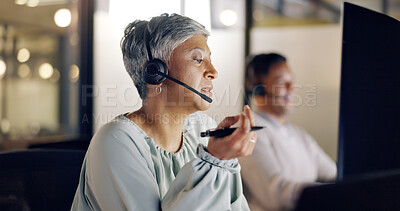 Senior call center employee, woman and phone call, CRM and face, contact us and talking with client and pen. Customer service, telemarketing or tech support, communication and consultant with headset
