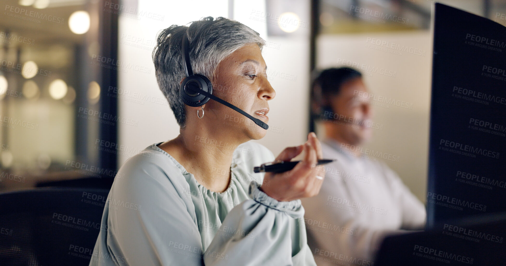 Buy stock photo Call center, business and woman with telemarketing, conversation and connection with telecom sales, customer service or help desk. Staff, workers and employees with tech support, headphones or advice