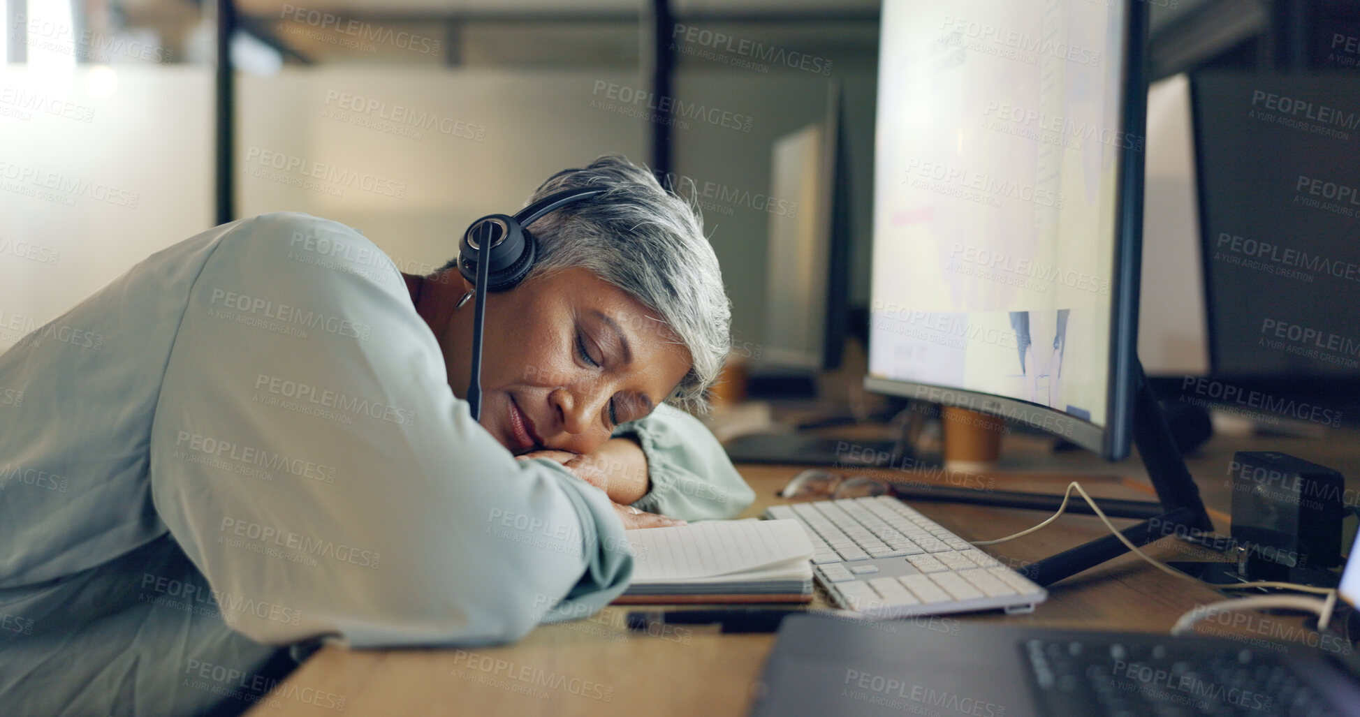 Buy stock photo Call center, burnout and sleeping senior woman tired while consulting for crm or contact us in office at night. Working late, fail or elderly consultant with fatigue or bored by customer support faq