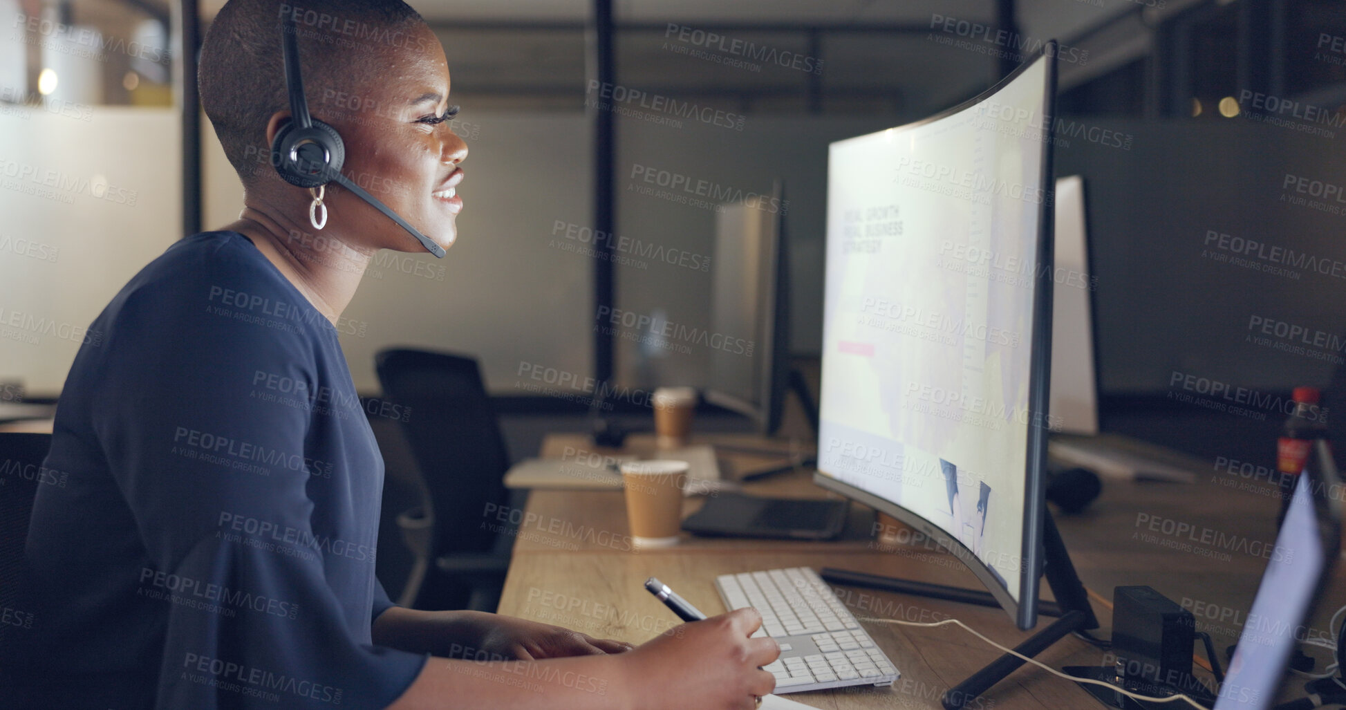 Buy stock photo Call center, night and black woman in office with computer and headset in online communication with smile. Telemarketing, customer service or crm, happy help desk consultant in late support work