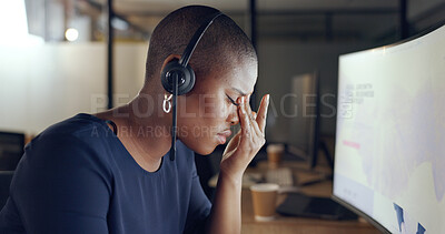 Buy stock photo Woman, headache and call center stress, pain or frustrated on computer screen error, business fail or telemarketing crisis. Agent, night consultant or tired african person with depression in telecom