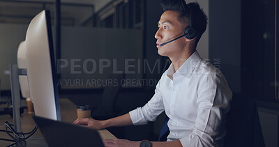Call center, consultant and man, CRM and contact us with phone call and communication, pc screen and headset. Telemarketing, customer service or tech support, talk to client and Asian agent help desk