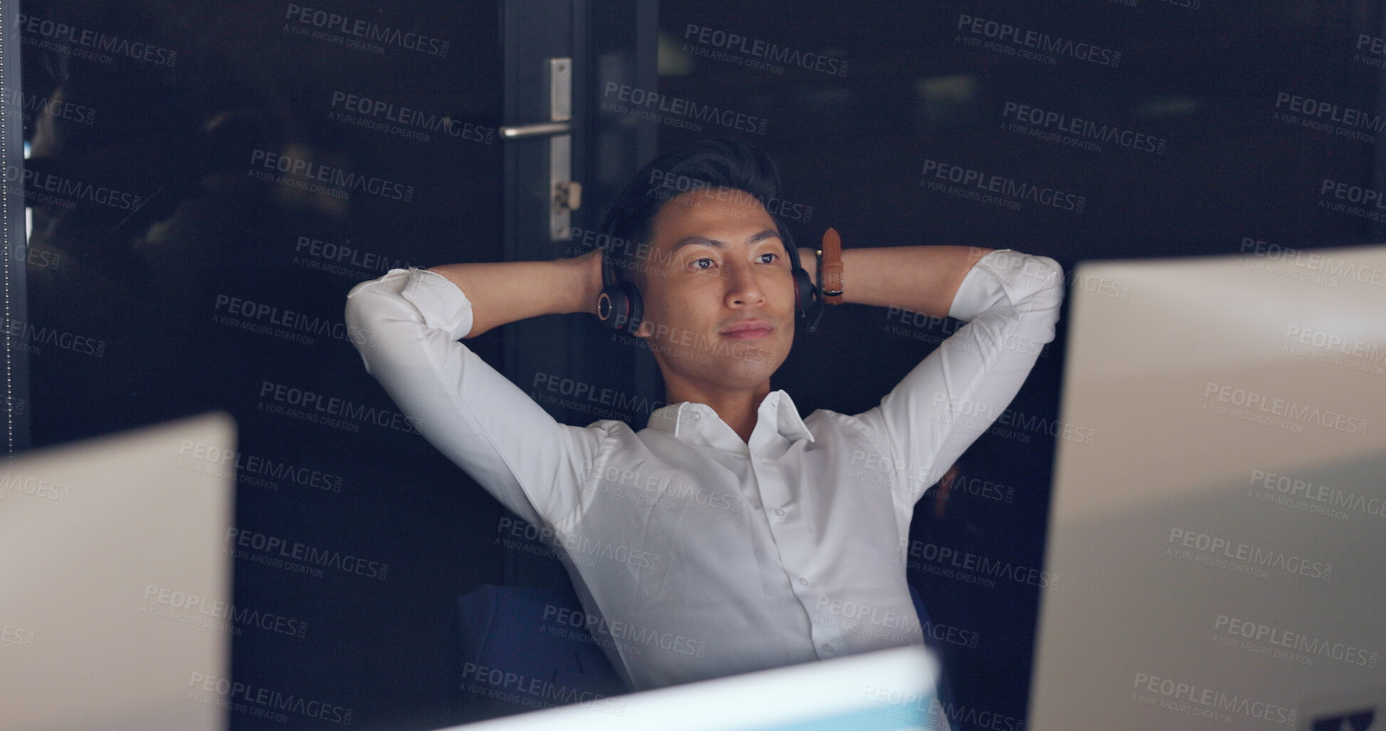 Buy stock photo Relax, call center office and Asian businessman on computer done with project, crm proposal and telemarketing. Corporate workplace, contact us and male employee on desk, resting and calm at night
