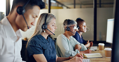 Buy stock photo Call center, group and man with telemarketing, connection and telecom sales with conversation, planning and customer service. Staff, workers and employees with tech support, headphones and help desk