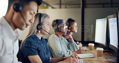 Buy stock photo Call center, telecom sales and man with team, telemarketing and connection with conversation, tech support and customer service. Staff, workers and employees with headphones and crm with help desk