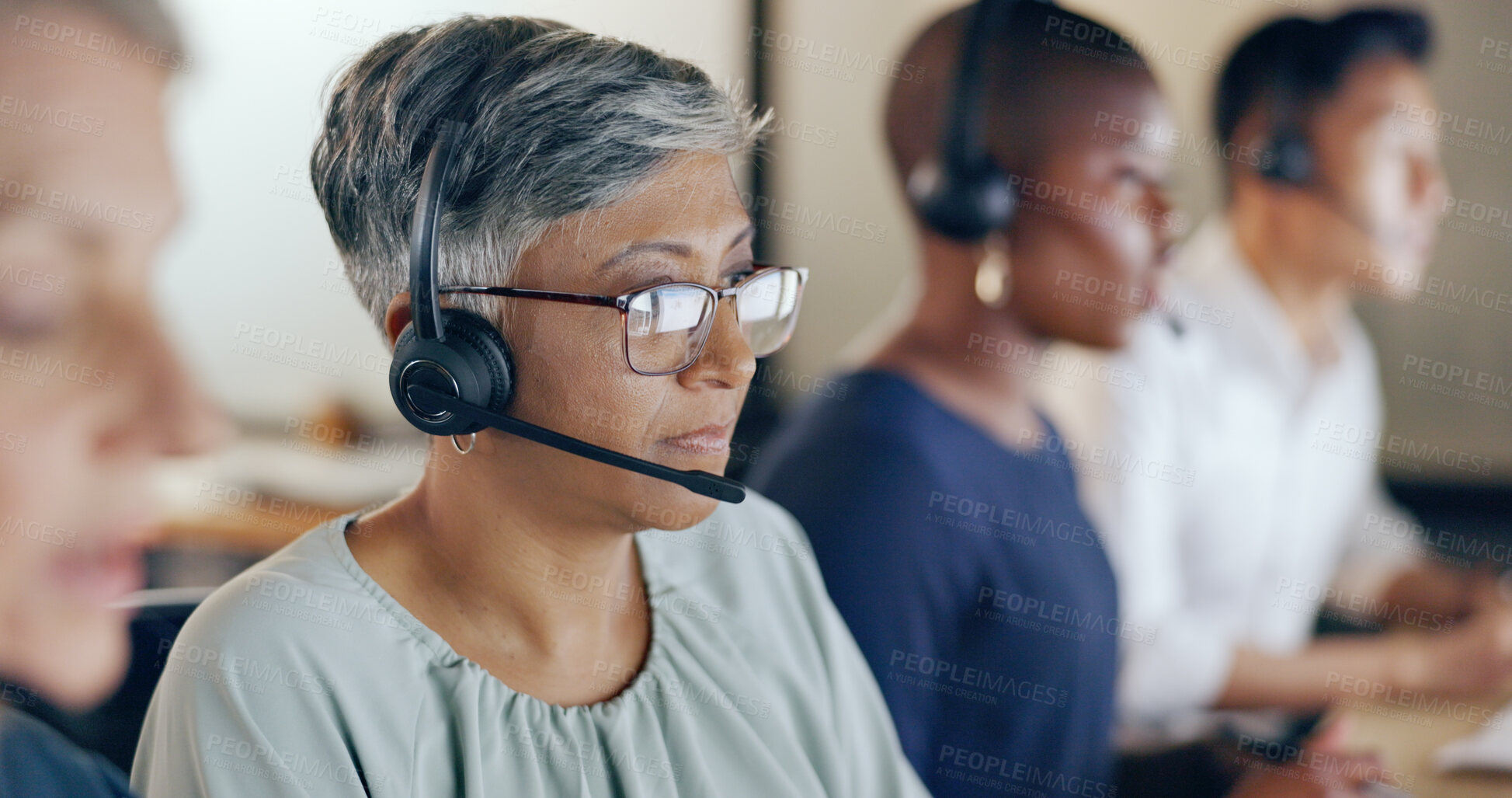 Buy stock photo Call center, business and woman with staff, telemarketing and telecom sales with conversation, customer service and advice. Group, workers or employees with tech support, headphones and crm with help