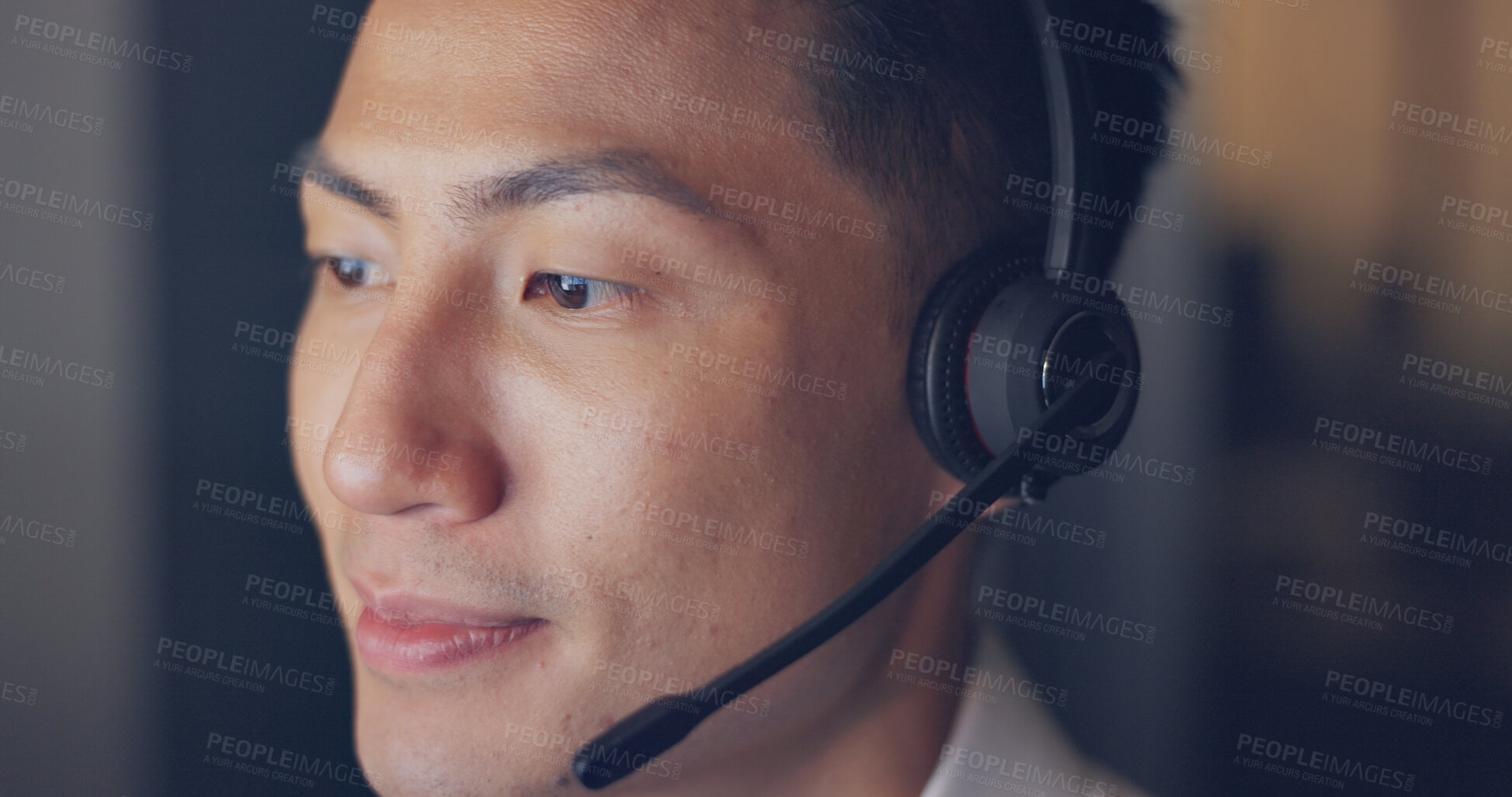Buy stock photo Call center, night and face of Asian man in office with consulting, advice and headset in communication. Telemarketing, customer service or crm sales agent, help desk consultant for late support work