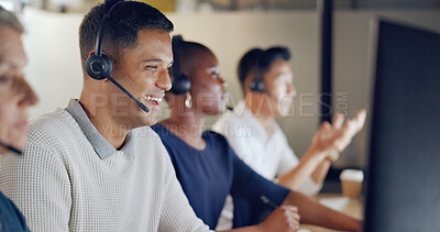 Call center, business man and team communication, global office and telemarketing diversity. Telecom, technical support or virtual help desk agent, consultant or ecommerce worker smile on computer