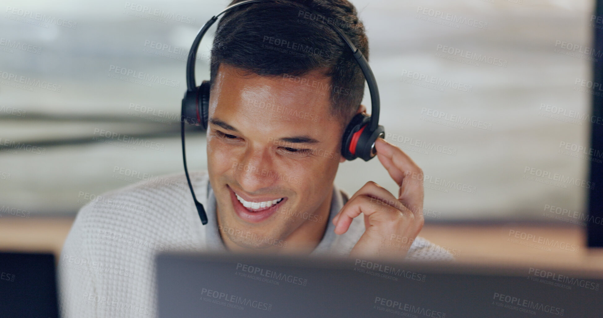 Buy stock photo Call center, night and happy man in office with consulting, computer and headset in communication with smile. Telemarketing, customer service or crm agent, help desk consultant for late support work