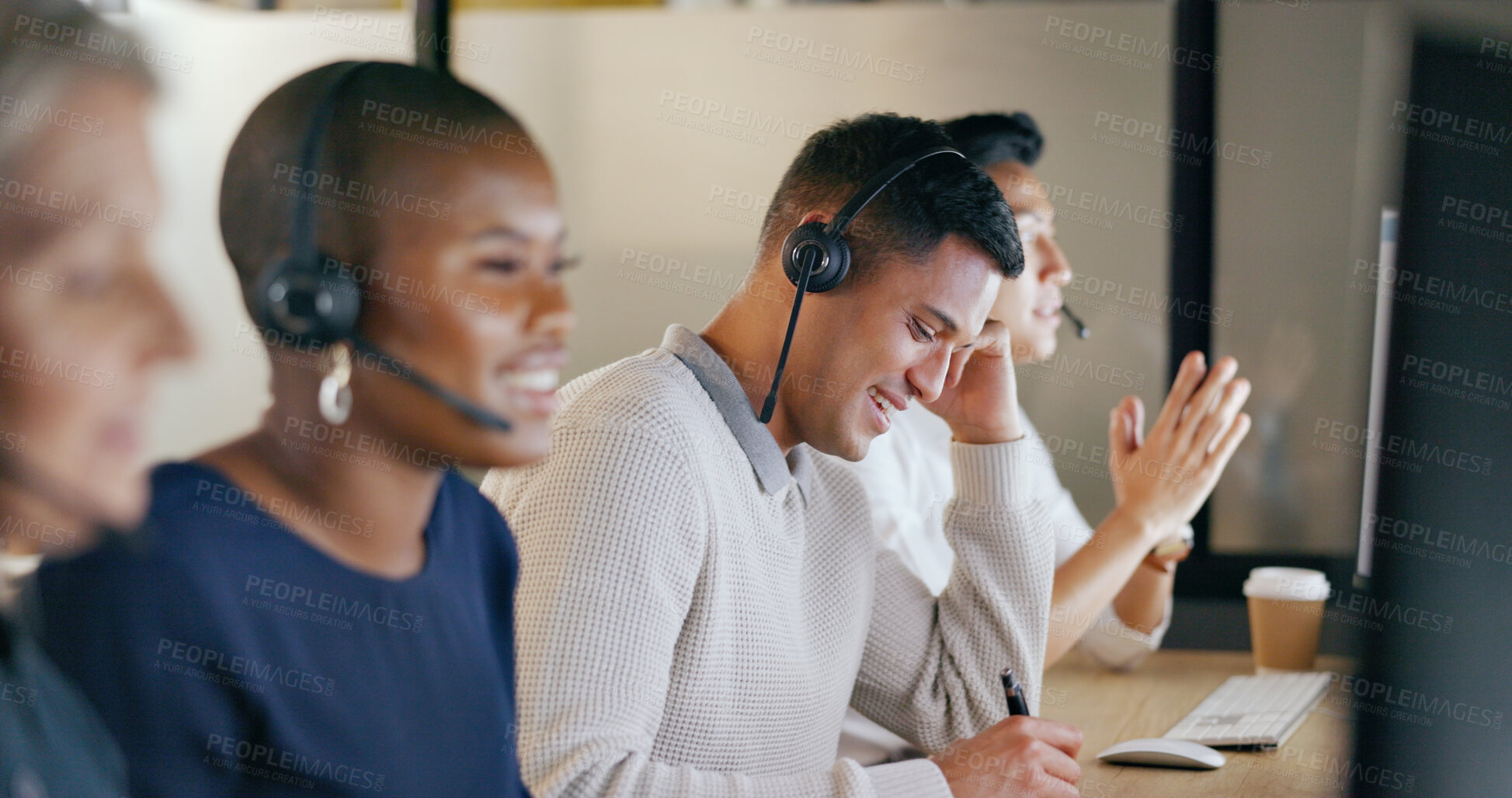 Buy stock photo Call center, business and man with team, telemarketing and connection with conversation, planning and help desk. Staff, workers and employees with tech support, headphones and crm with telecom sales