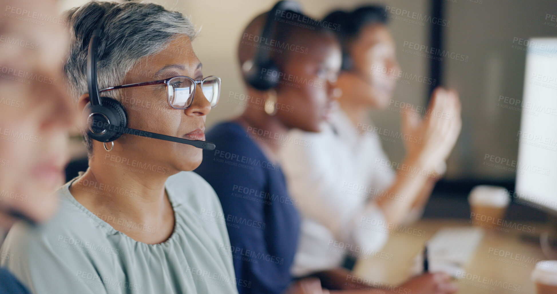 Buy stock photo Crm, business and woman with team, telemarketing or  with conversation, telecom sales or consultant with help desk. Staff, workers or employees with tech support, headphones or connection with advice