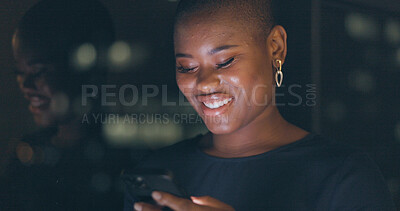 Buy stock photo Smartphone, night and black woman with employee, connection or network with digital app, mobile user or social media. African person, worker or professional with a cellphone, communication or contact