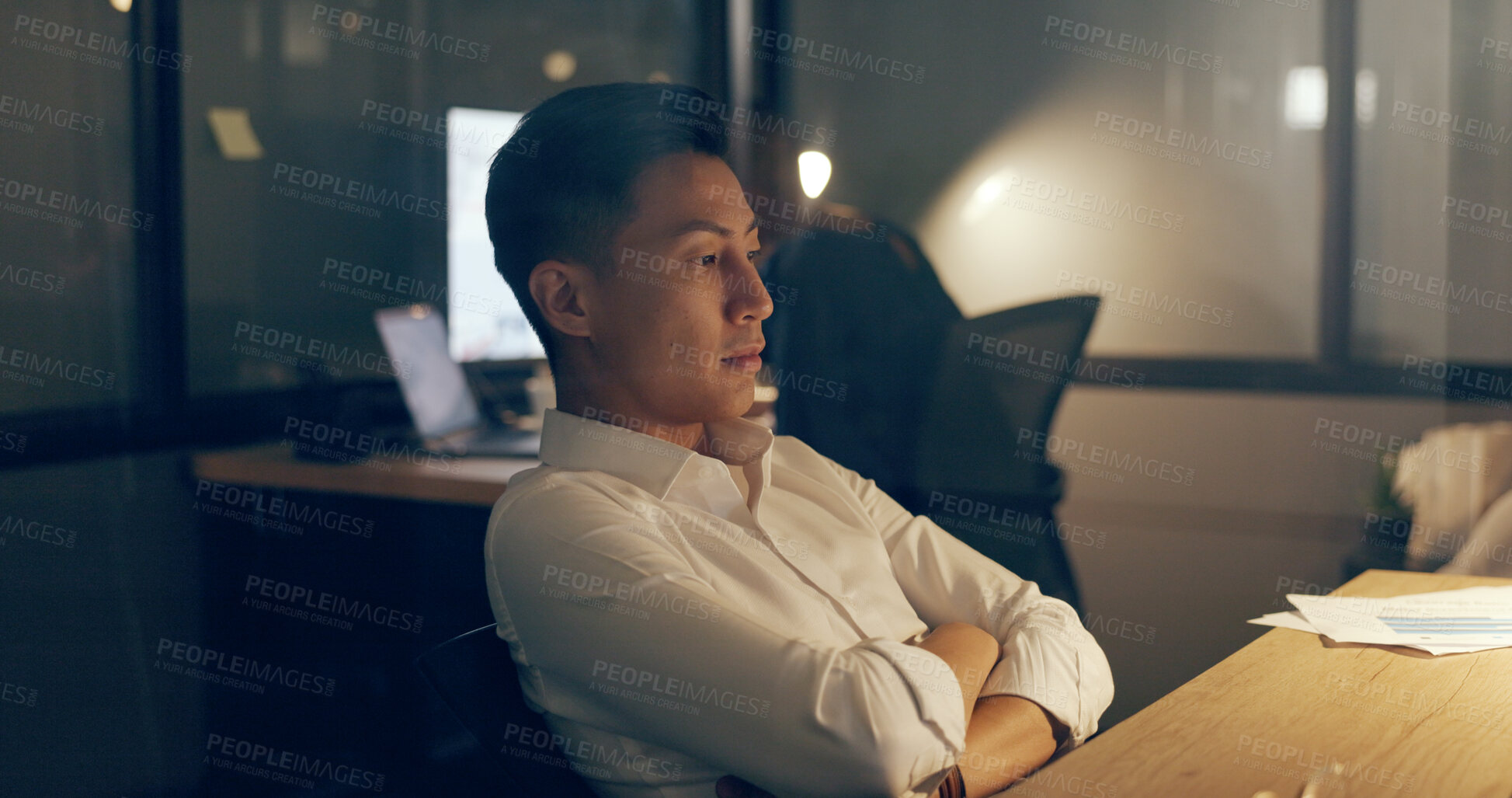 Buy stock photo Tired, businessman and bored working night in office with burnout, fatigue or frustrated with corporate overtime. Exhausted, employee and man at desk thinking of proposal or late deadline in Tokyo